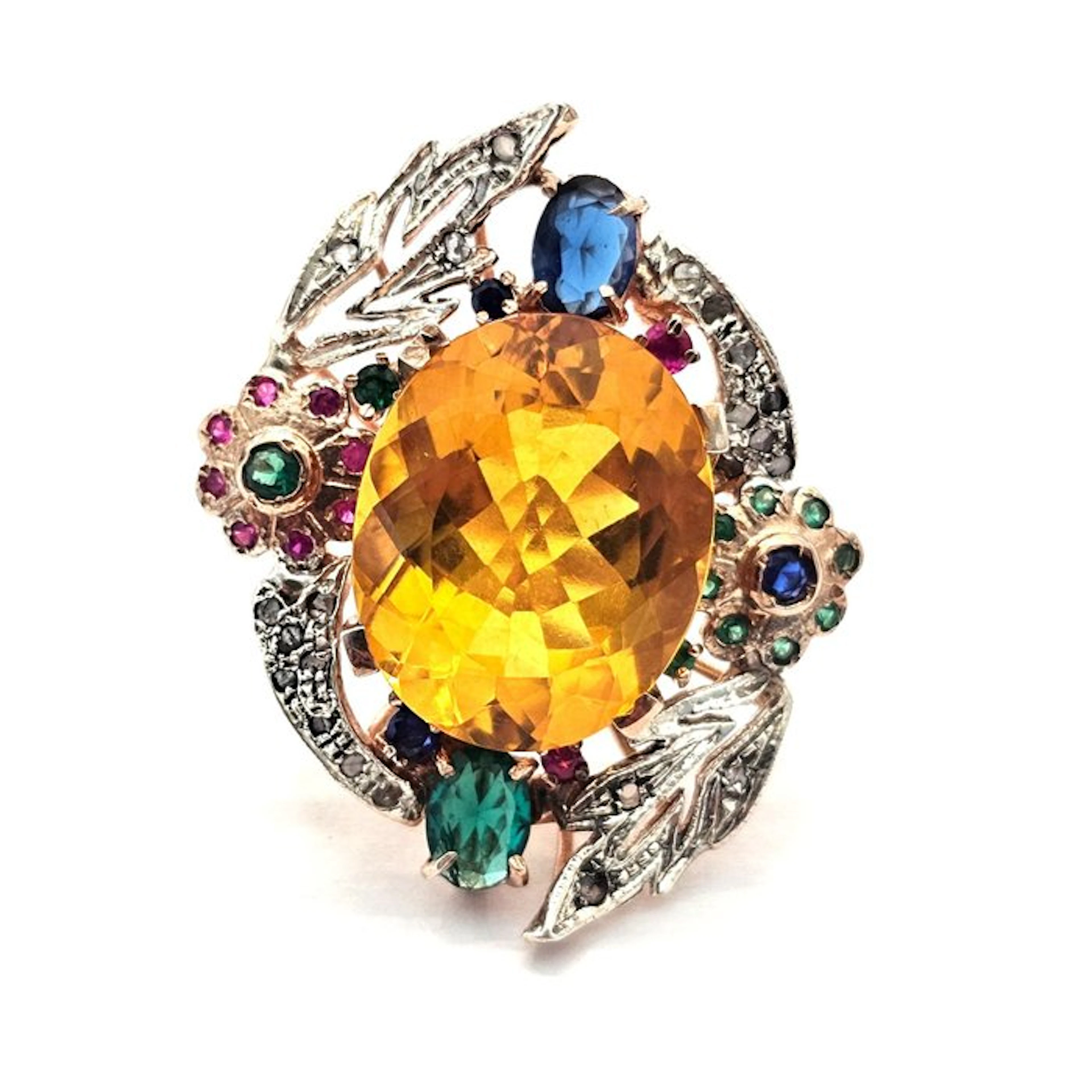 No reserve price - Ring - 9 kt. Rose gold, Silver Diamond (Natural) - Spinel