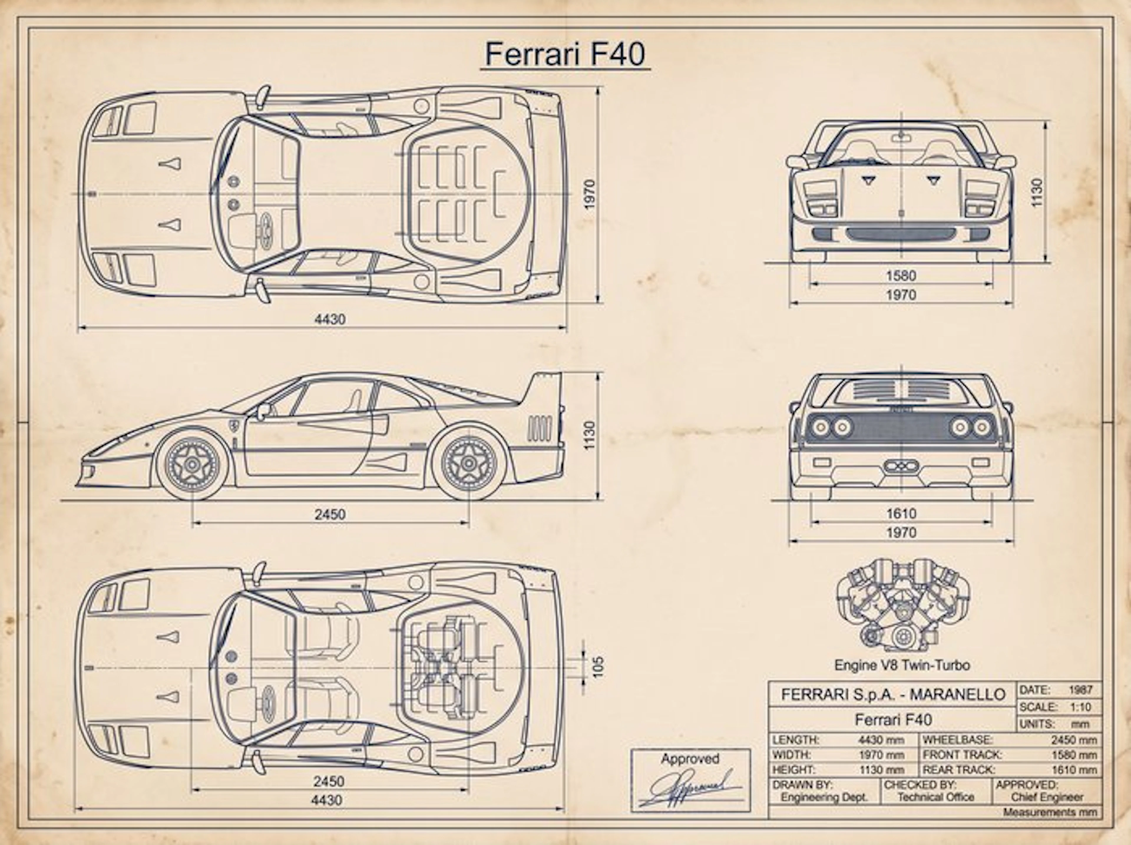 Shmidt.Art - Ferrari - Ferrari F40 — Technical Blueprint - 1980s