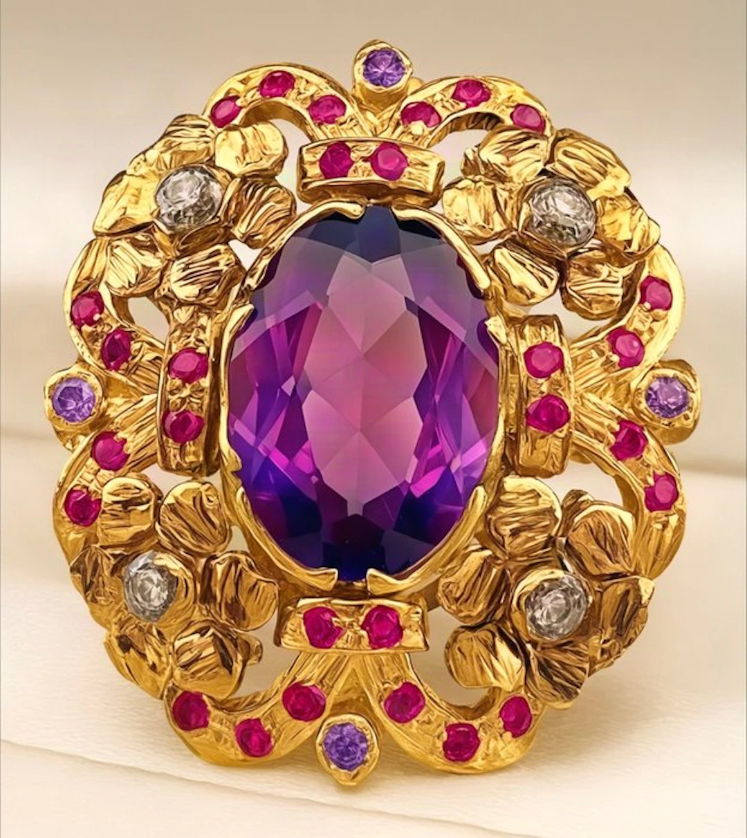 No reserve price - Ring - 9 kt. Yellow gold, Silver Amethyst - Diamond