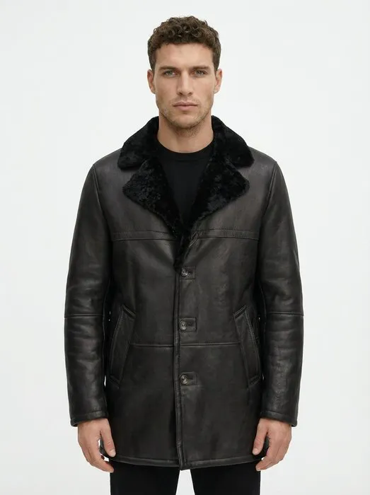HETTABRETZ - 48 IT - Black Shearling Leather Coat Nappa...