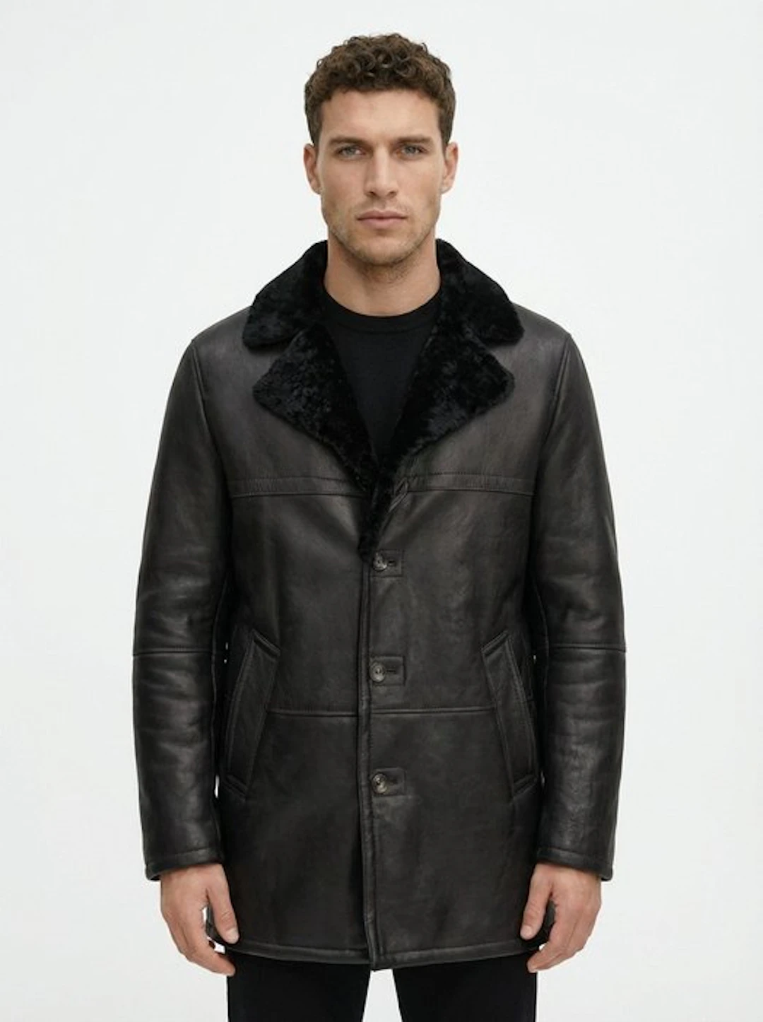 HETTABRETZ - 48 IT - Black Shearling Leather Coat Nappa...