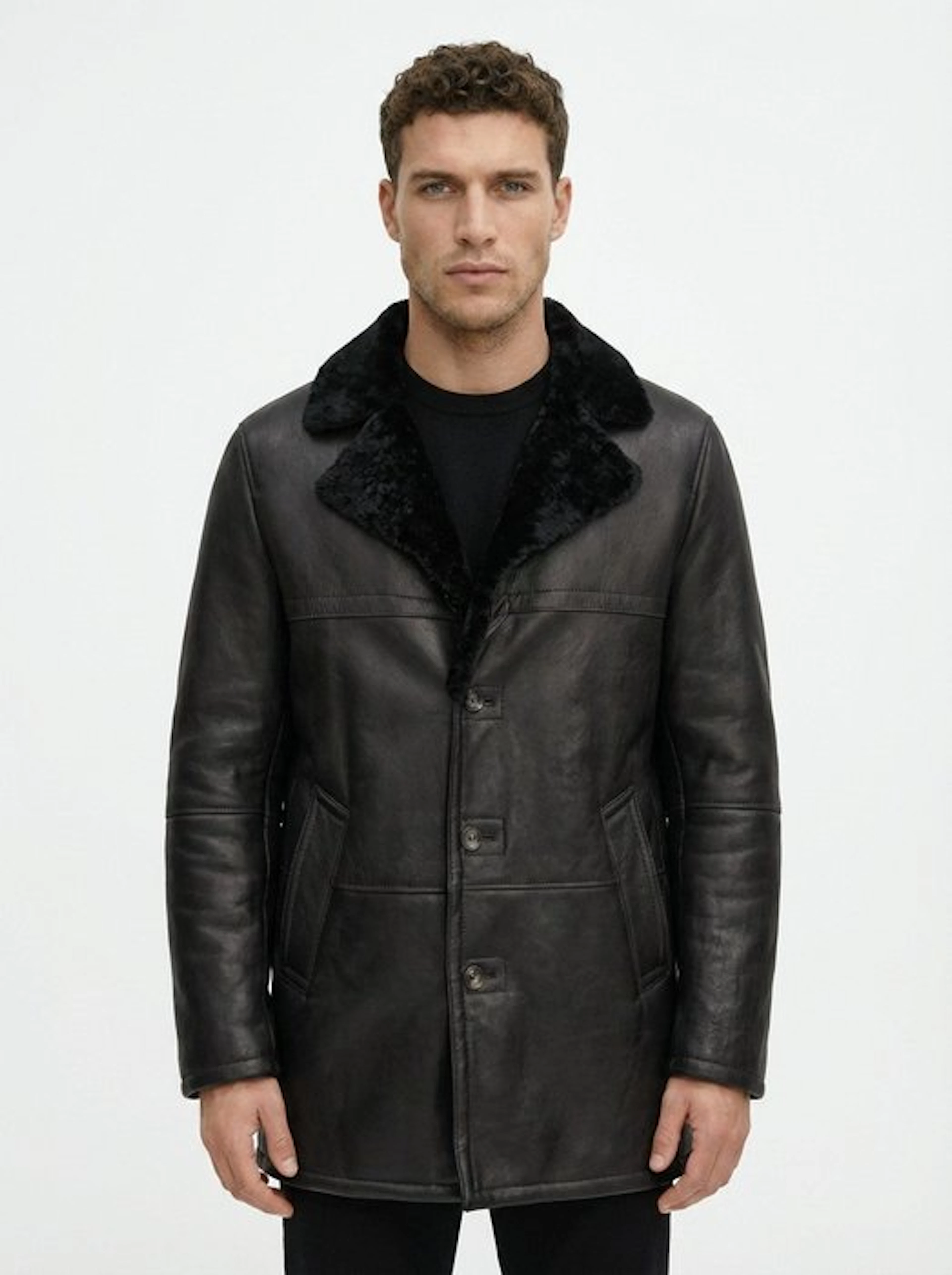 HETTABRETZ - 48 IT - Black Shearling Leather Coat Nappa...