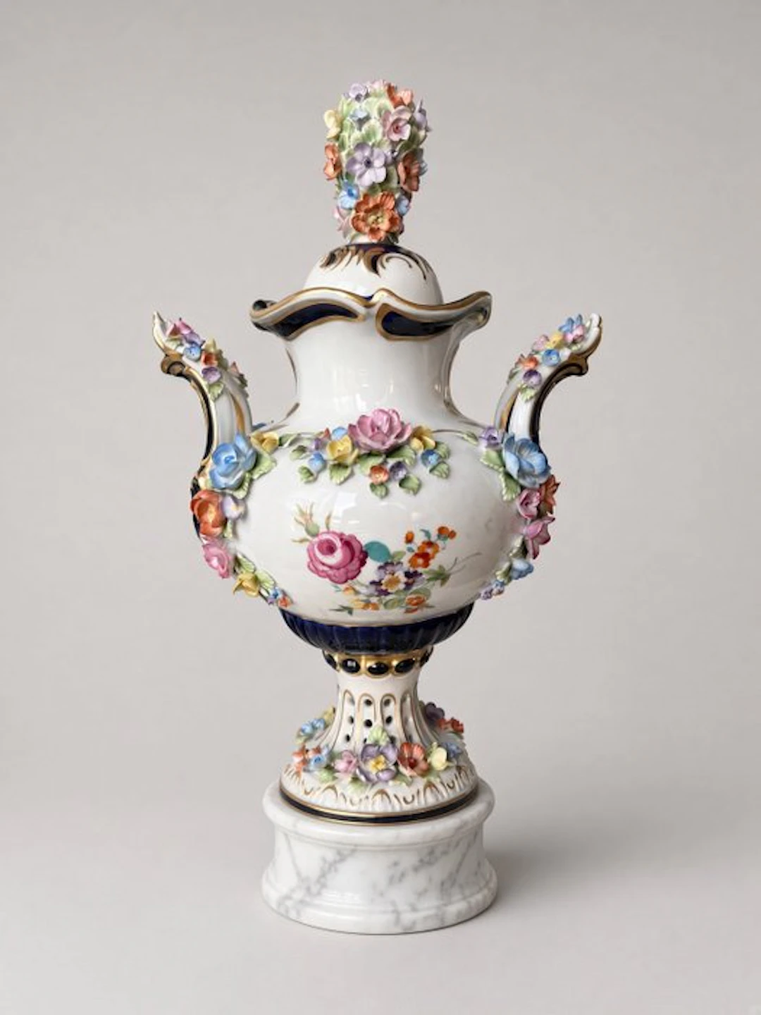 Pot - Antique German Dresden Porcelain Flower-Encrusted Potpourri Urn