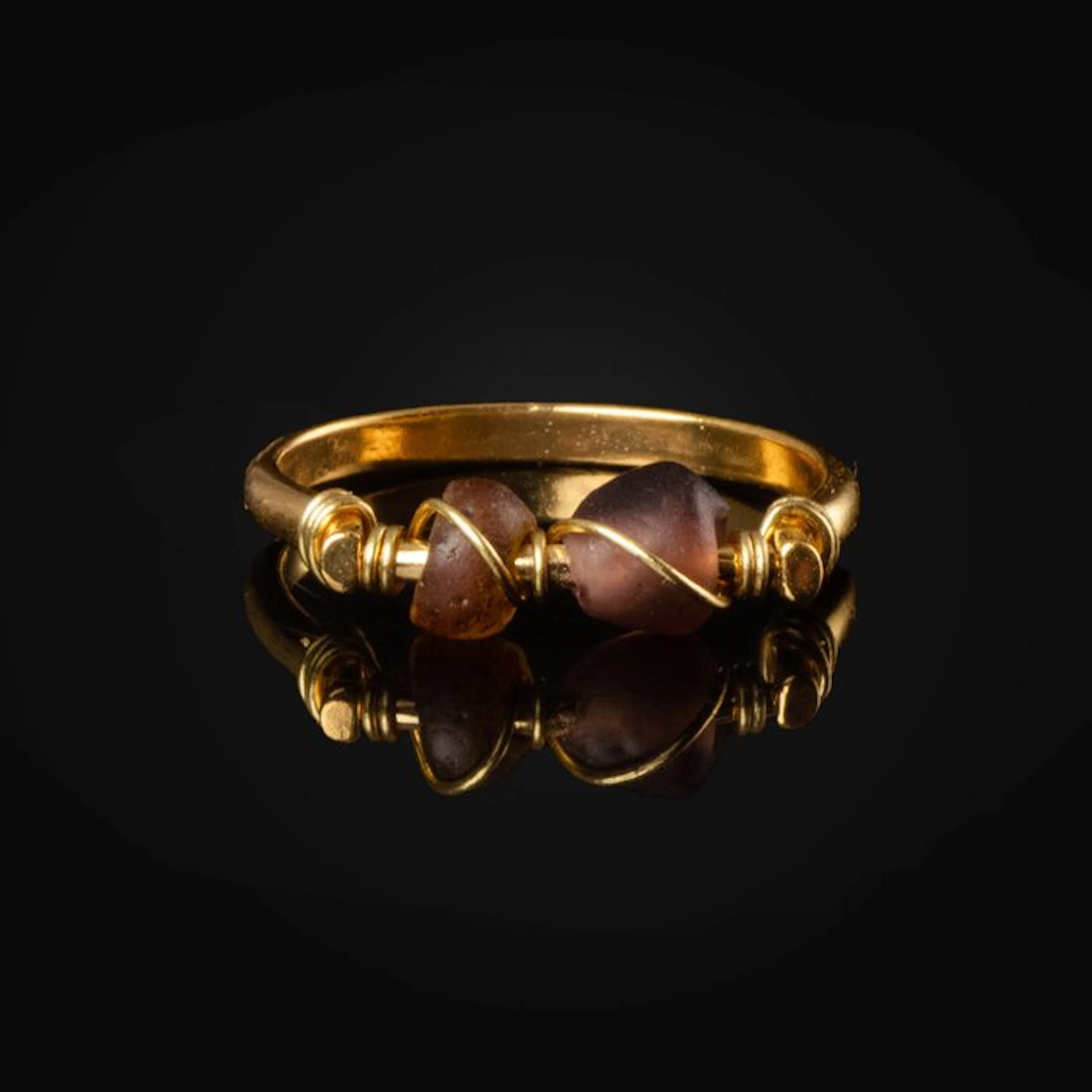 Ancient Roman, Empire Ring with Wire-Wrapped Roman Purple and Amber Glass Beads
