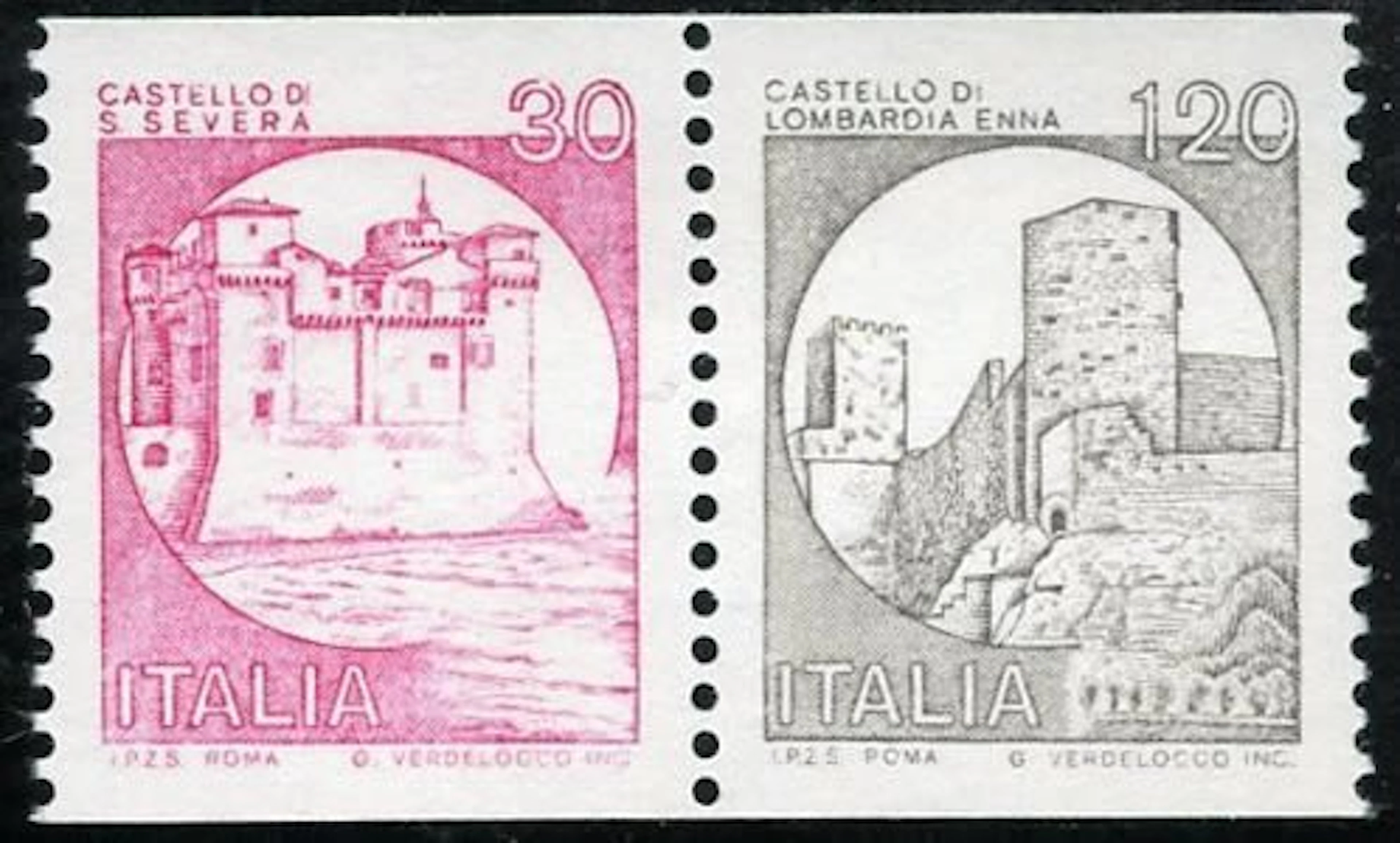 Italy 1980 - Coil stamps featuring Castles, pair 30-120 Lire, rare color.