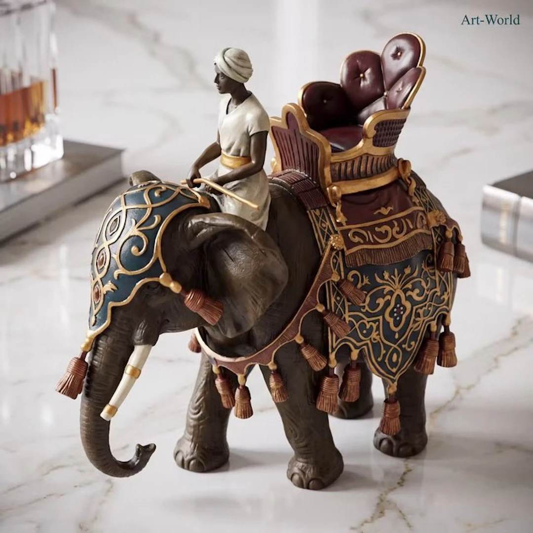 Statue, Bronzen sculptuur van een olifant met rijder - 23 cm - Bronze