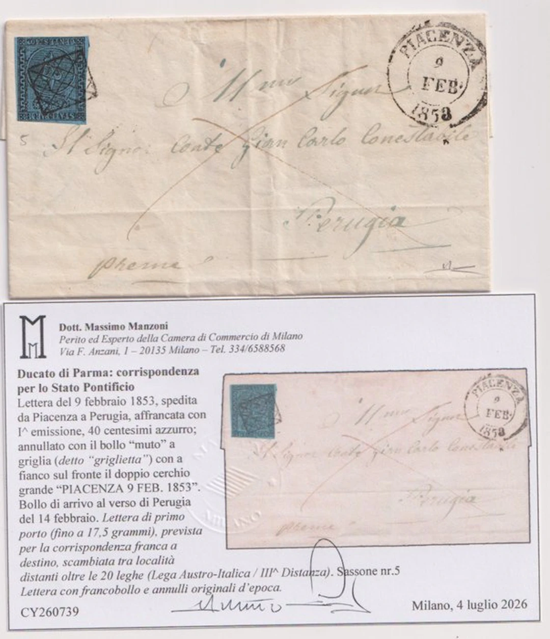 Italian Ancient States - Parma 1853 - Correspondence for the Pontifical States