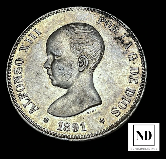 Spain. Alfonso XIII. 5 Pesetas 1891*91 PGM - Madrid (No reserve price)