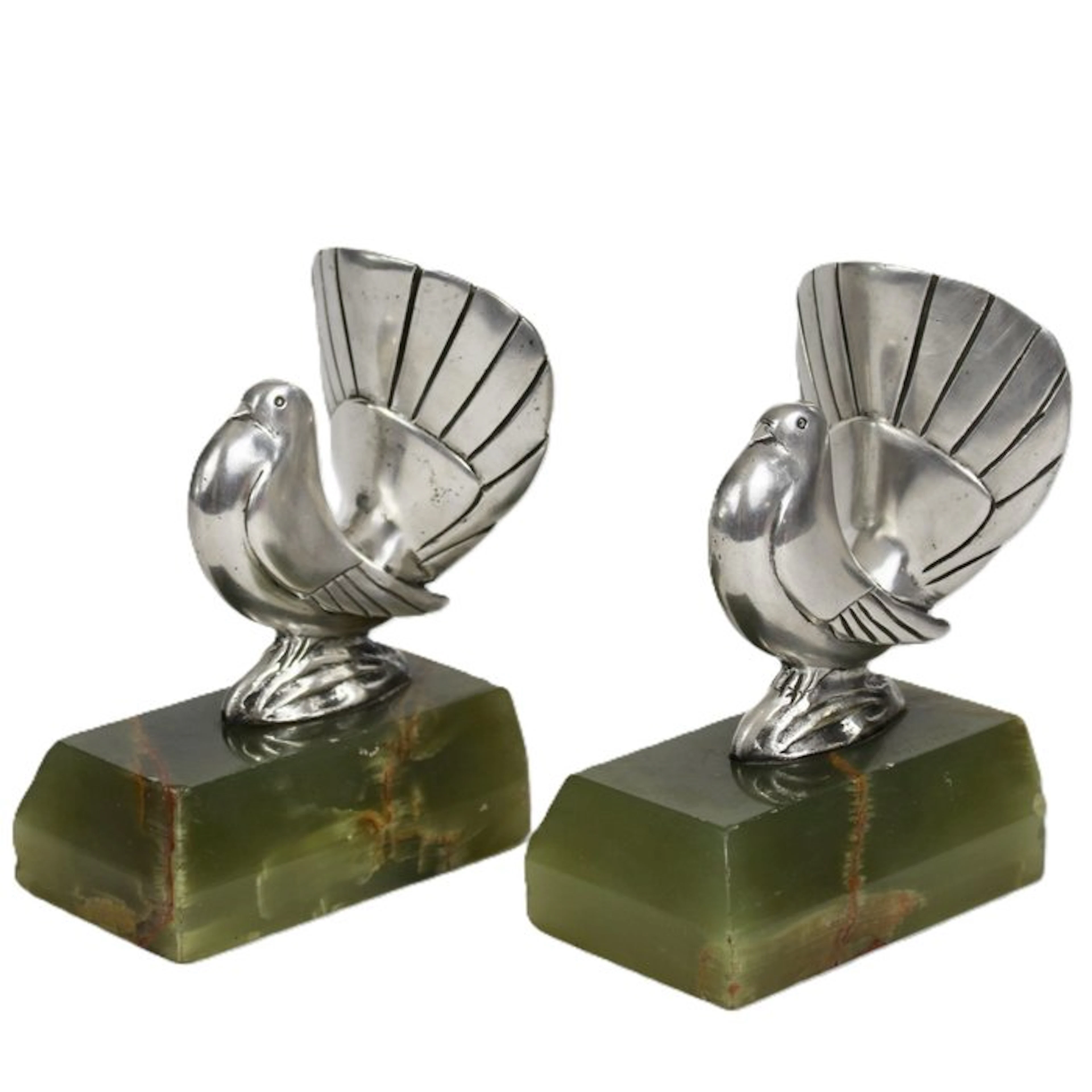 Podiebrad - Bookends (2) - Stylized doves - Silvered bronze onyx pedestals