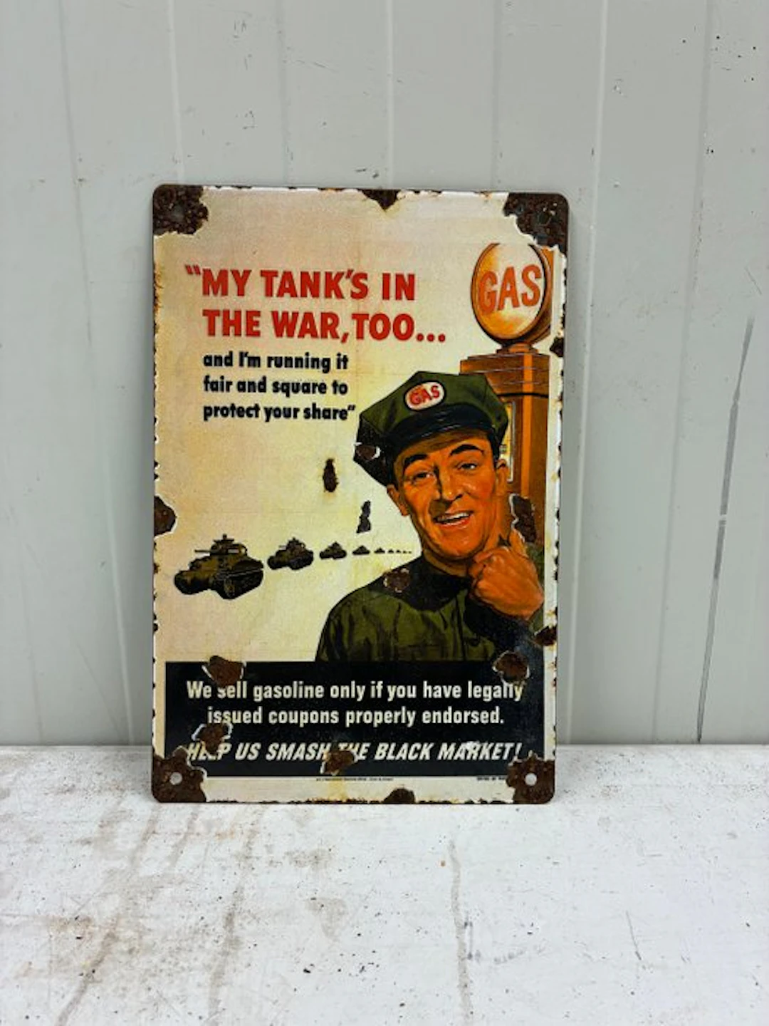 Vintage Gasoline War Poster Enamel Sign – “My Tank’s In The War