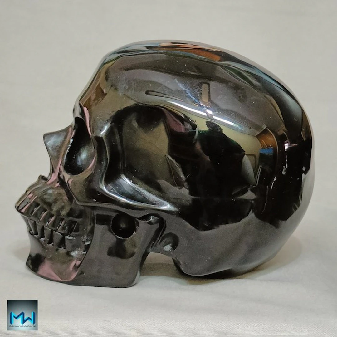Hand-Carved Human Skull in Black Obsidian Crystal...
