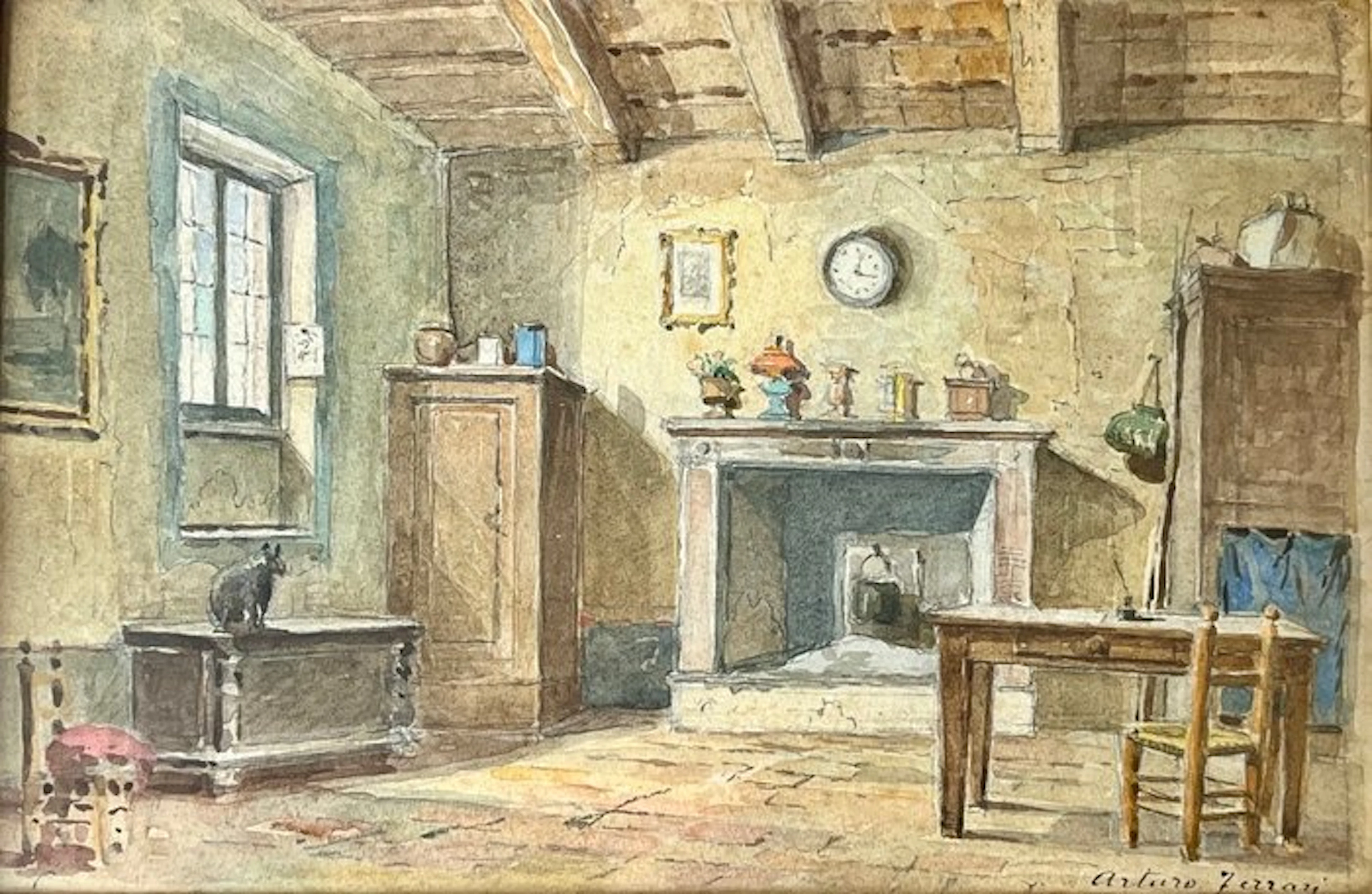 Arturo Ferrari (1861-1932) - Interno Rustico con Camino