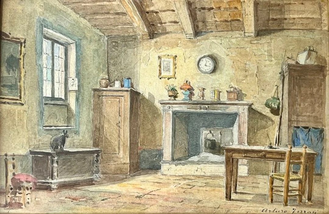 Arturo Ferrari (1861-1932) - Interno Rustico con Camino