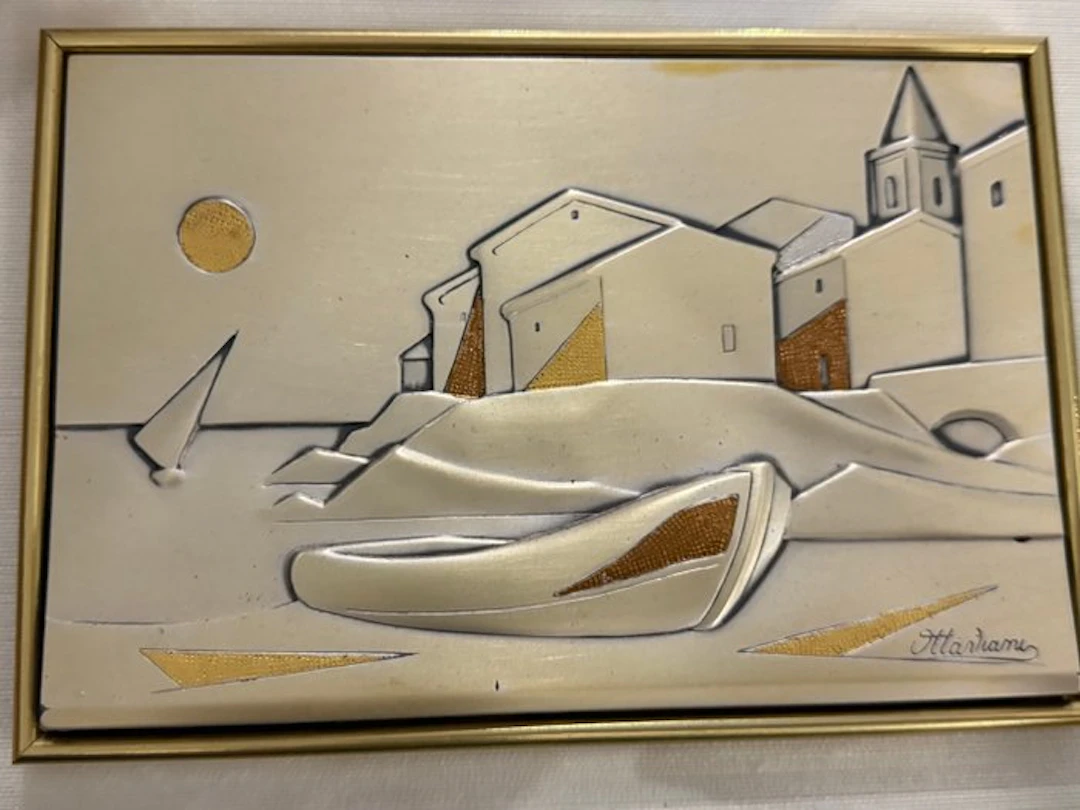 Block carving/ Relief, Paesaggio marini - 18 cm - Silverplated