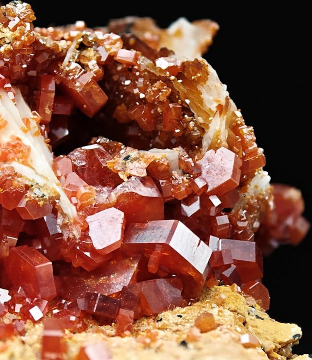 Blood-red vanadinite on white barite Crystals on matrix...