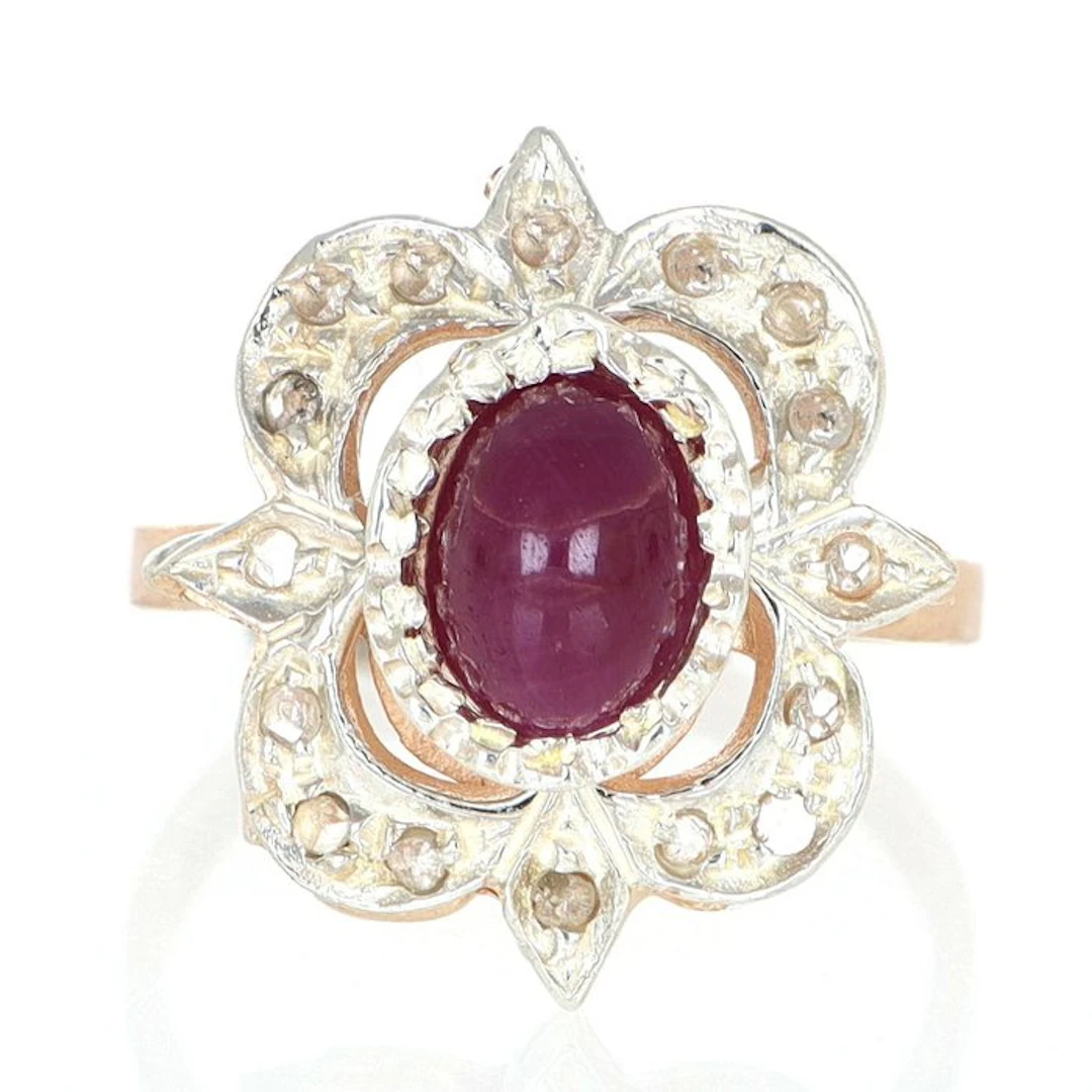 No reserve price - Ring - 12 kt. Rose gold, Silver Ruby - Diamond