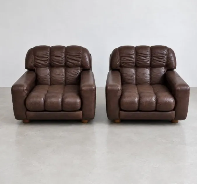 Armchair - Leather - Pair of vintage lounge armchairs