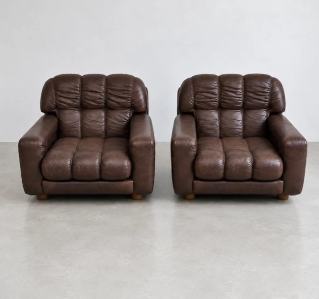 Armchair - Leather - Pair of vintage lounge armchairs