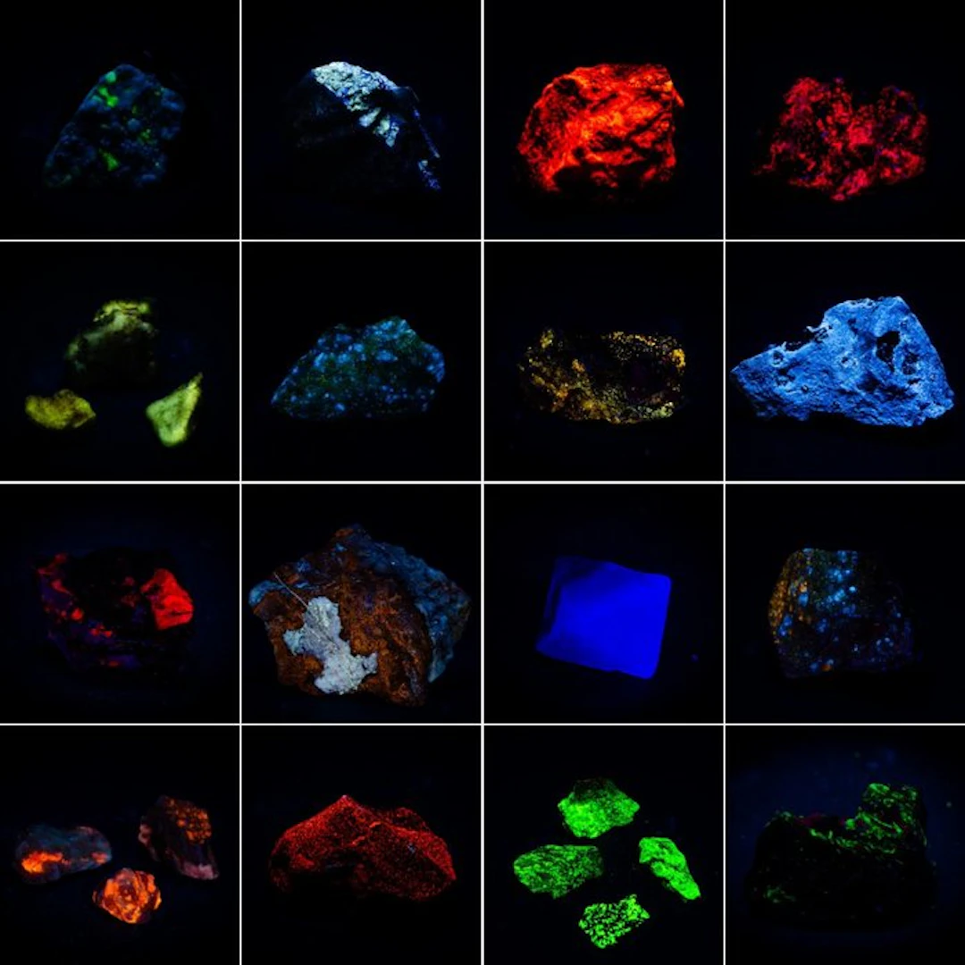 Set of 16 Fluorescent Minerals SW+ LW Hyalite Scheelite/...