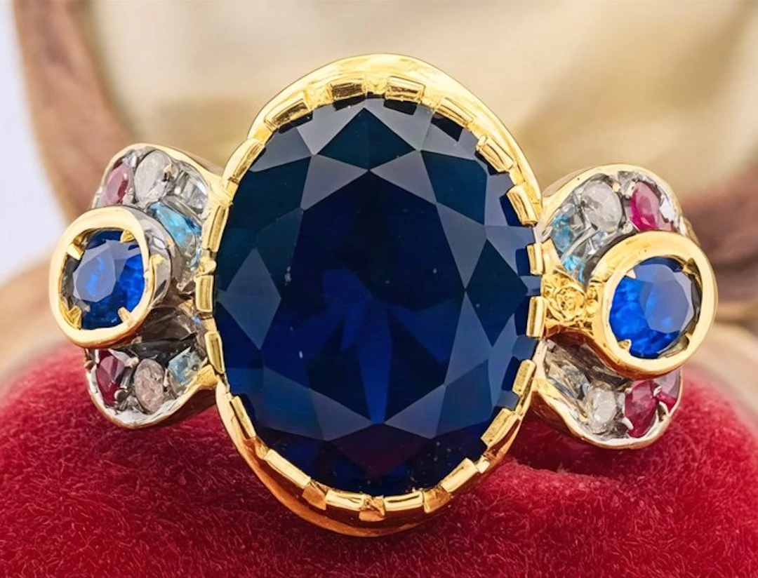 No reserve price - Ring - 9 kt. Yellow gold, Silver Sapphire - Ruby