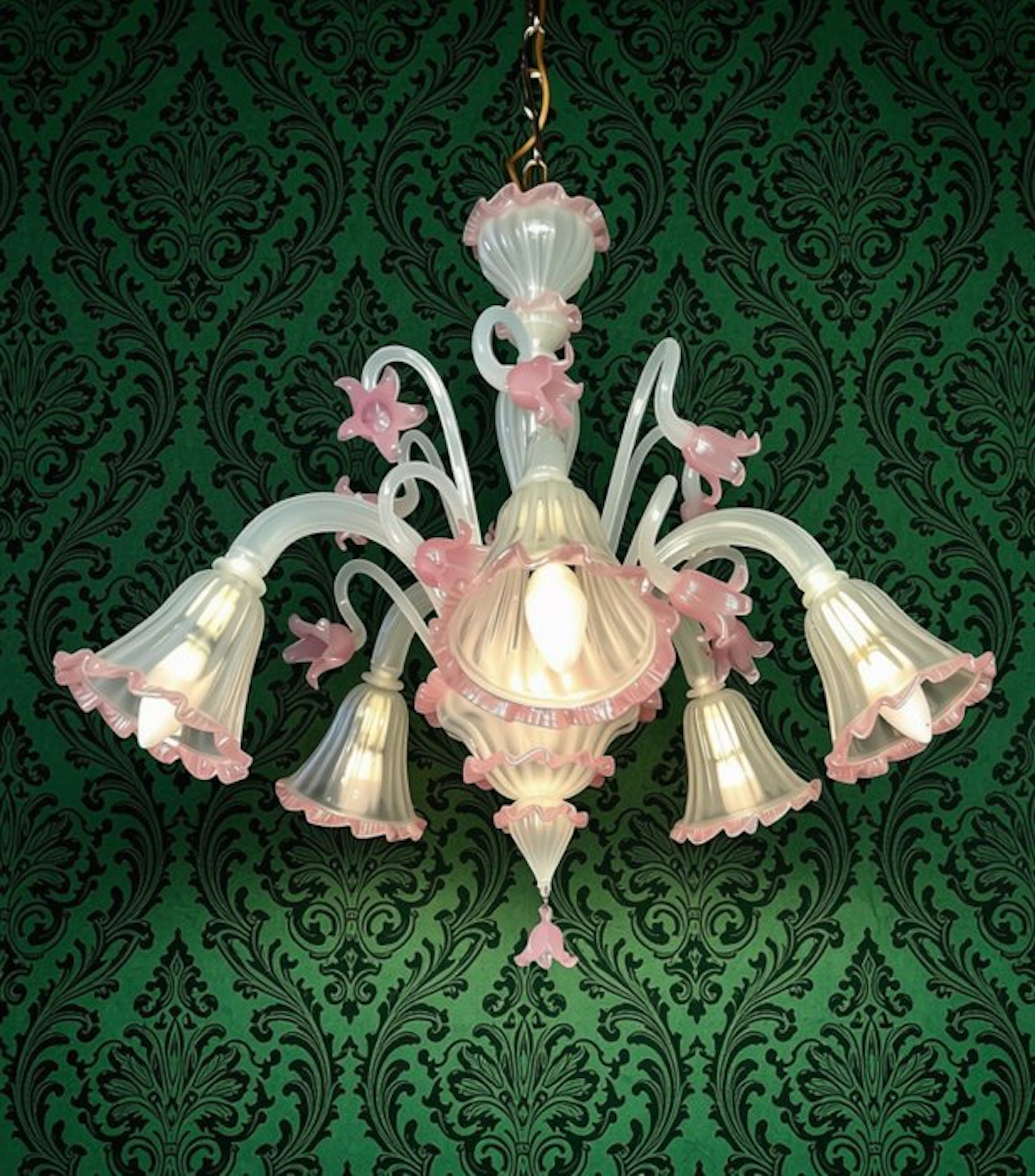 Chandelier - Flowers in the Wind - Clear opaline glass and pink - Murano