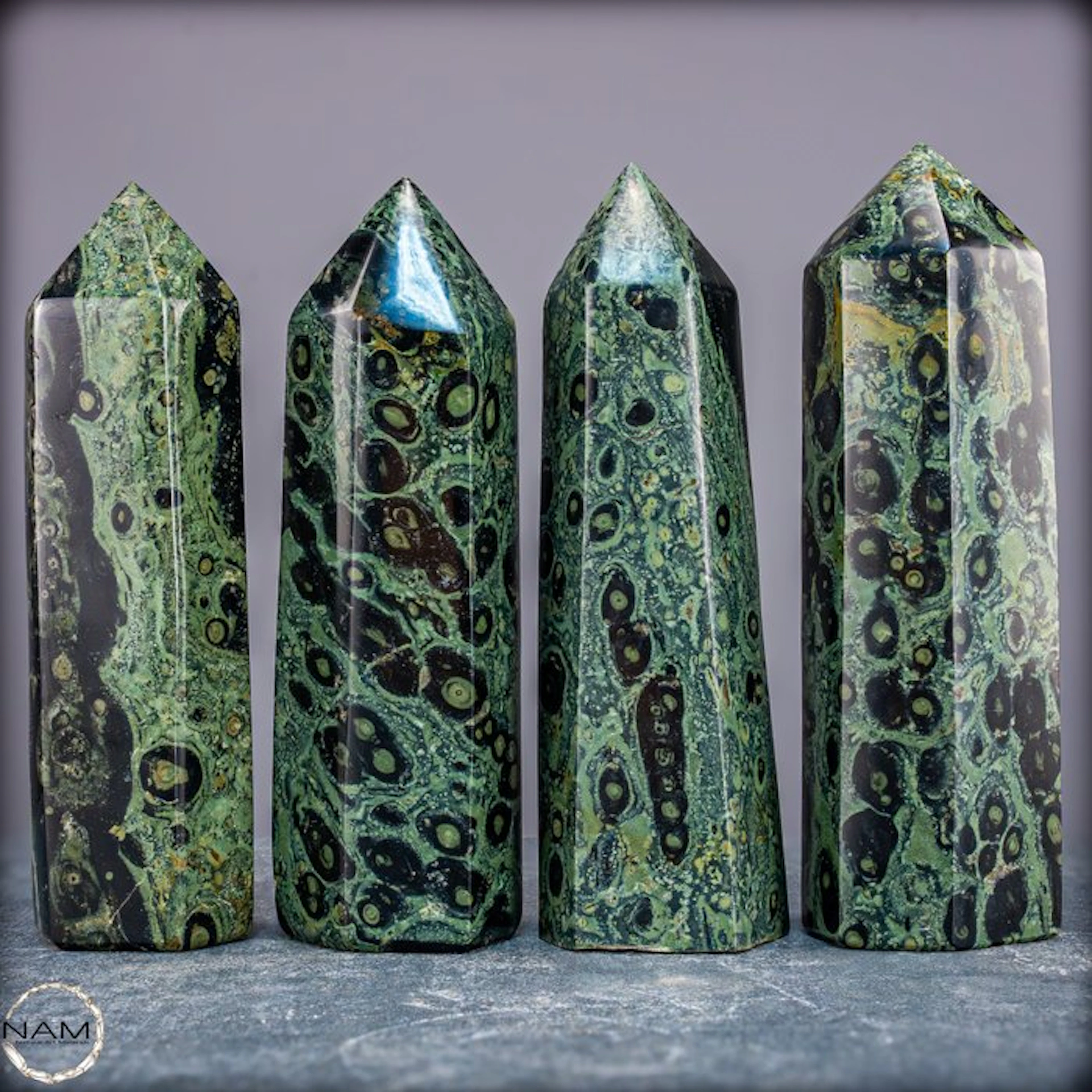 Kambaba Jasper Obelisk Set – Distinctive Green Orbicular...