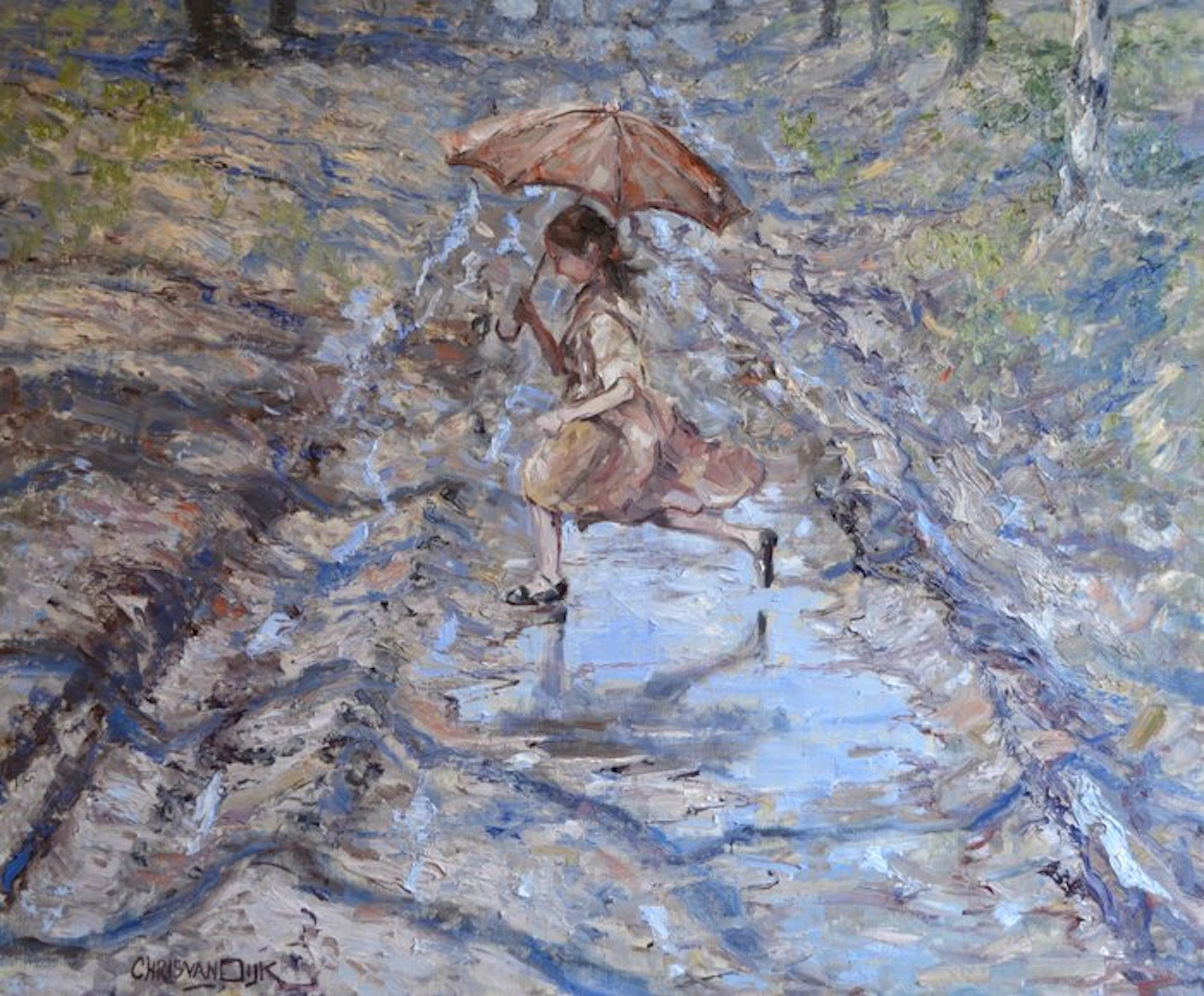 Chris van Dijk (1952) Impressionist - " Sous la pluie, sur un chemin boueux"