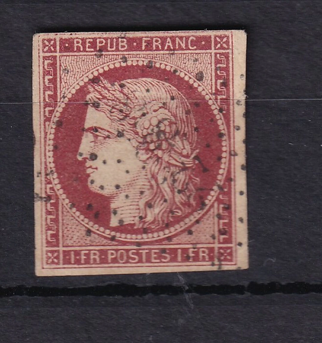 France 1849 - Signed Brun, estimated at €1000, Cérès 1Fr carmine - Yvert n°6