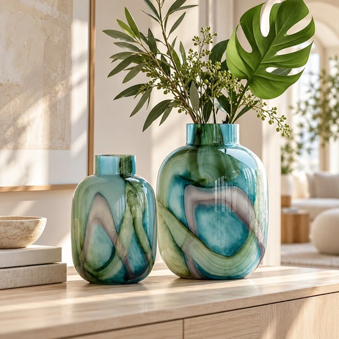 Cloudnola - Vase - Set of 2 Handblown Jade Marble Glass...