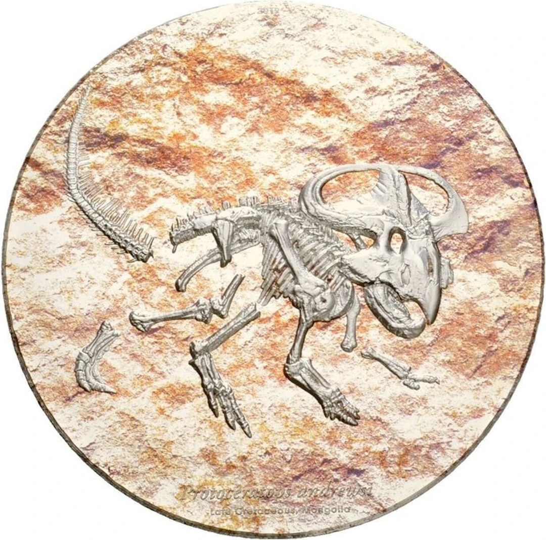 Mongolia. 2000 Togrog 2019 Protoceratops, 3 Oz (.999)