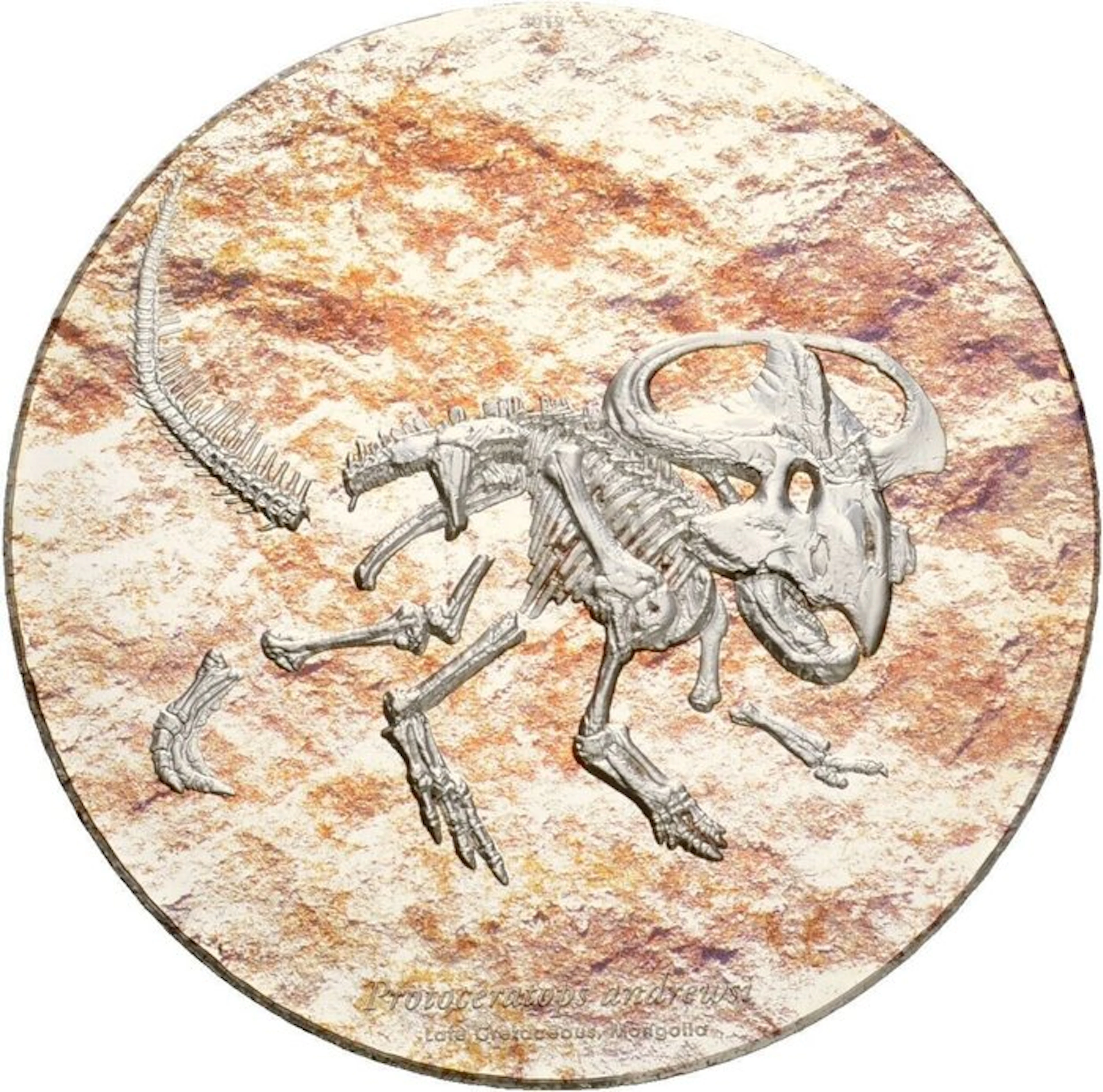 Mongolia. 2000 Togrog 2019 Protoceratops, 3 Oz (.999)