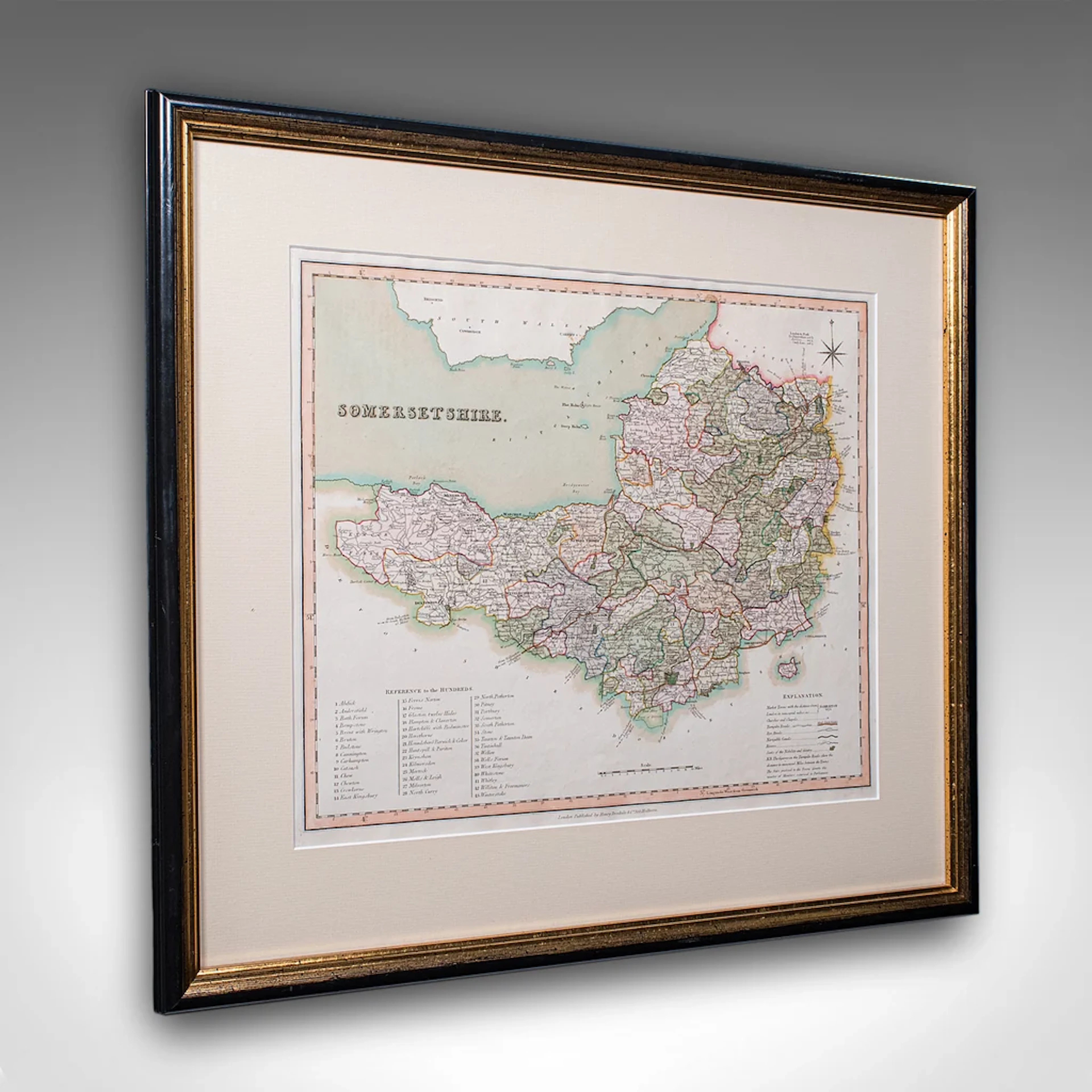 Antique County Map of Somerset, English, Framed Cartography, Regency