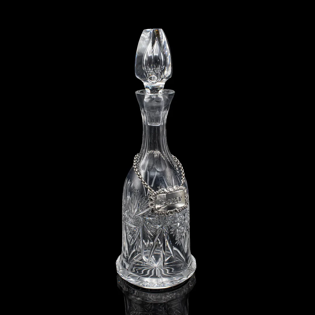 Vintage Port Decanter, English, Glass, Silver Label, Spirit Bottle, Mid Century