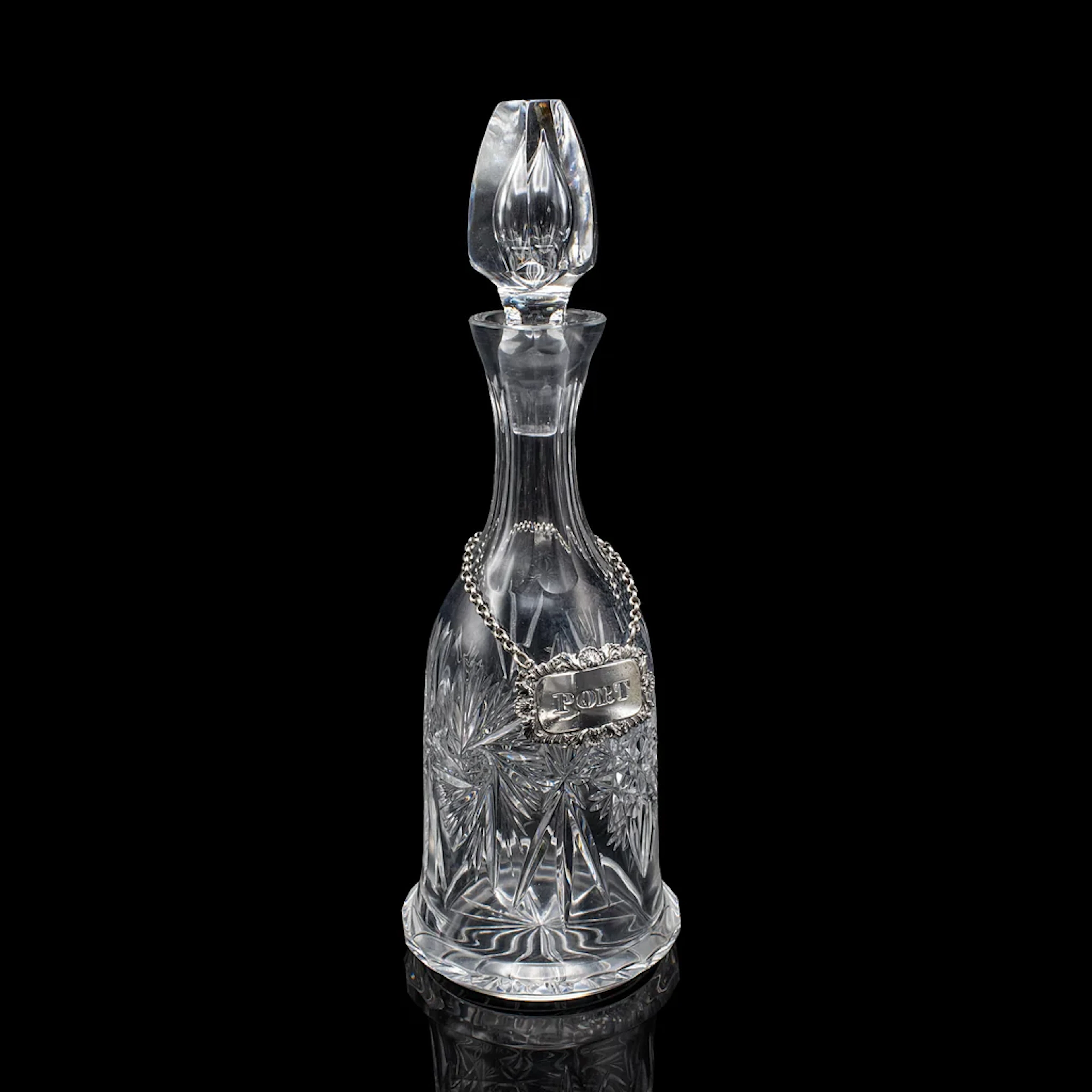 Vintage Port Decanter, English, Glass, Silver Label, Spirit Bottle, Mid Century
