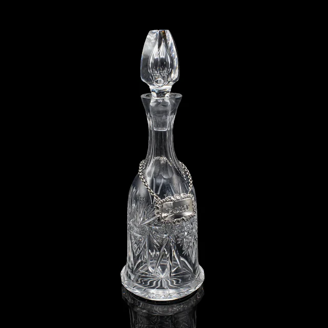 Vintage Port Decanter, English, Glass, Silver Label, Spirit Bottle, Mid Century