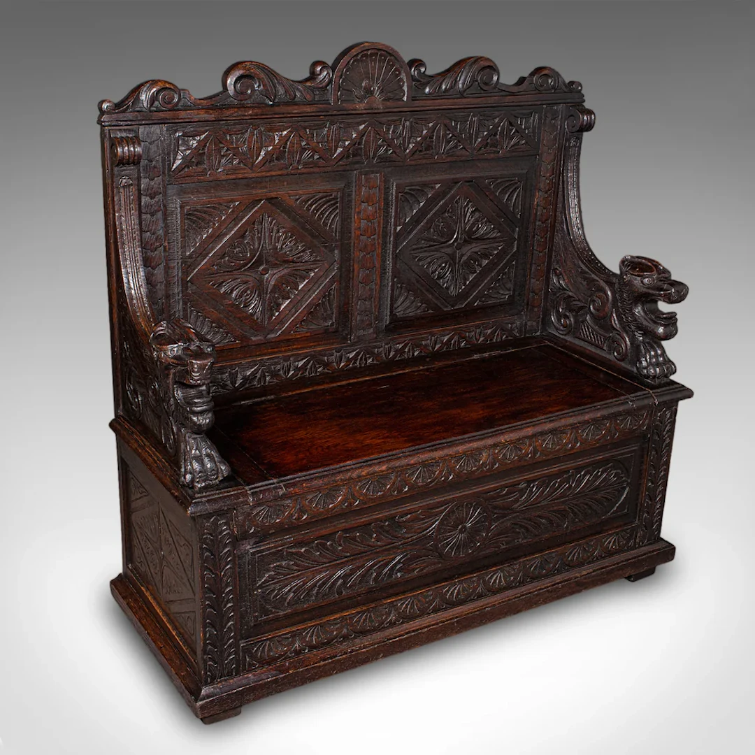 Antique Baronial Settle, Scottish, Carved Oak, Reception Hall Bench, Victorian