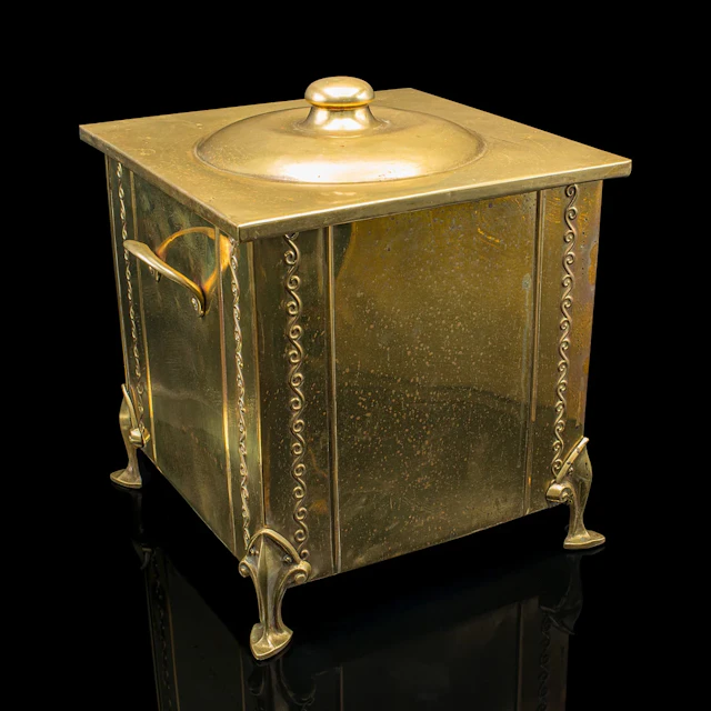 Antique Lidded Coal Scuttle, English Brass, Fireside, Log, Fuel Store