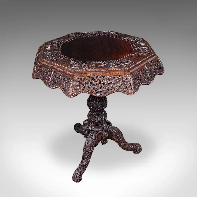Antique Carved Tea Table, Burmese, Teak, Octagonal, Lamp, Side, Victorian, 1860