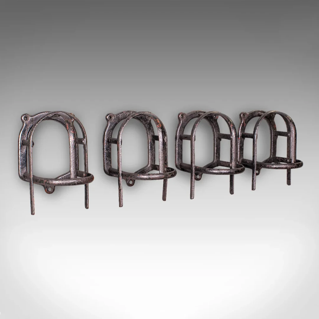 Set of 4 Antique Crop Hanging Racks, English, Iron, Hooks, Equestrian