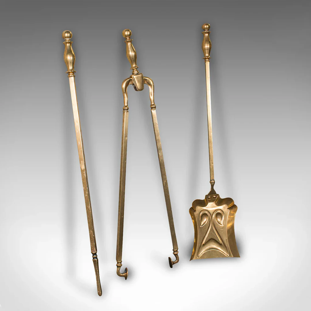 Set of 3 Antique Fireside Tools, English, Brass, Coal Shovel, Poker, Victorian