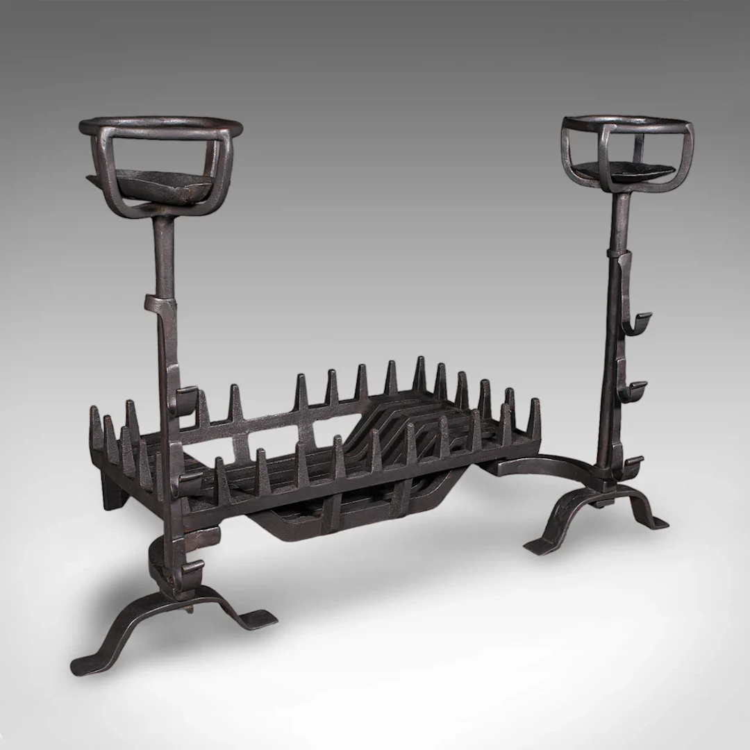 Antique Fireplace Set, English Cast Iron, Fire Basket, Mulling Andiron