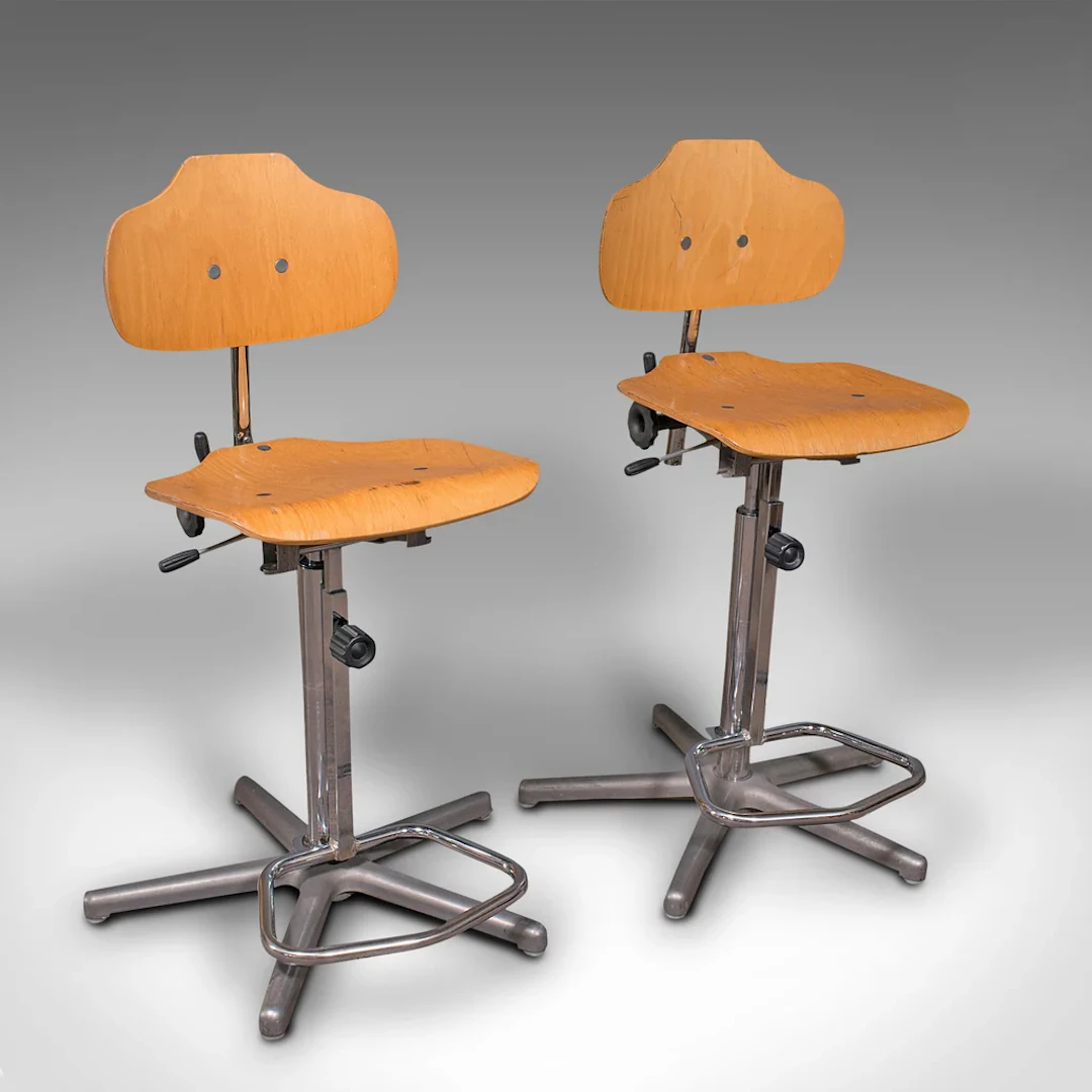 Pair Of Vintage Laboratory Chairs, German, Beech, Adjustable, Bar