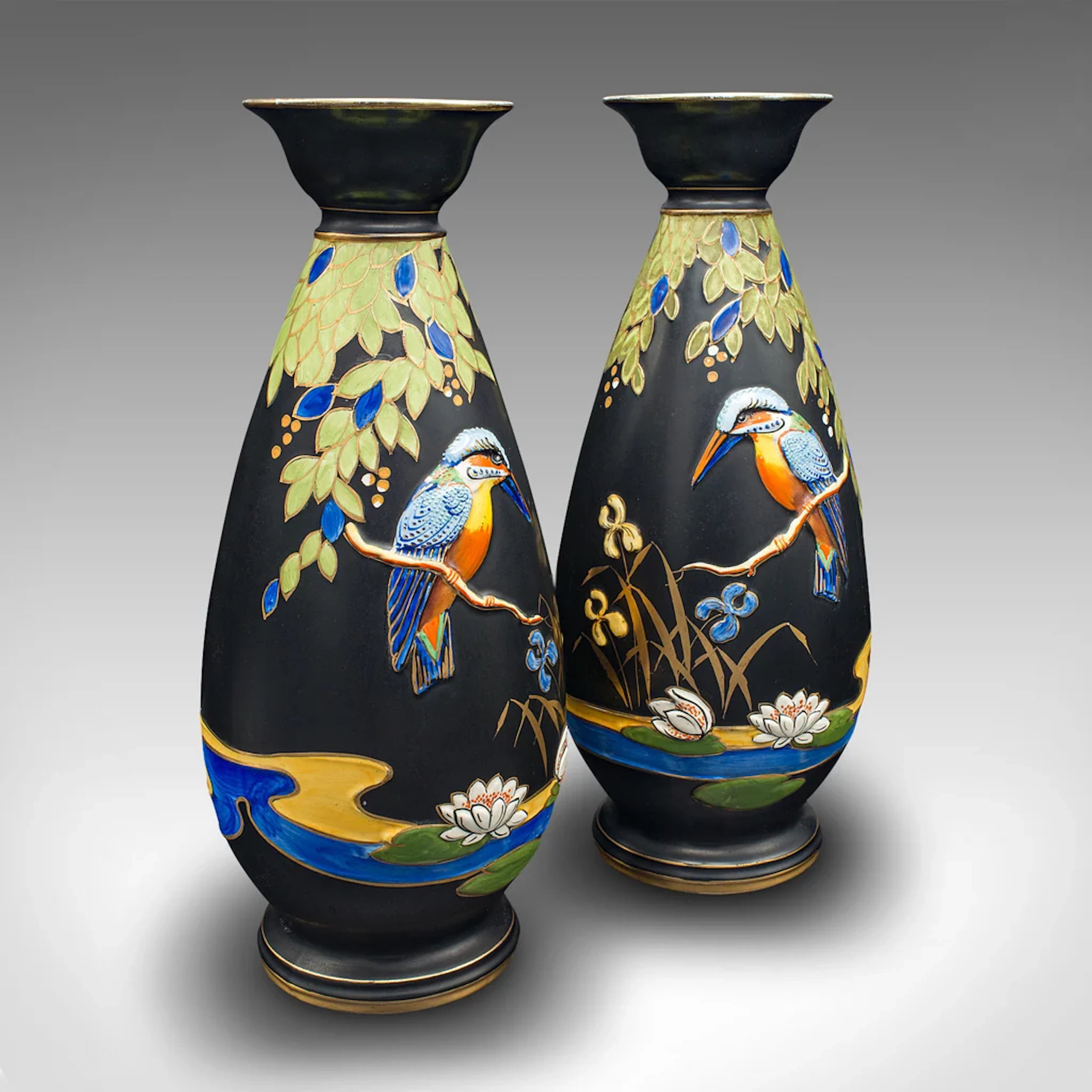 Pair Of Vintage Display Vases, English, Satin Finish, Kingfisher