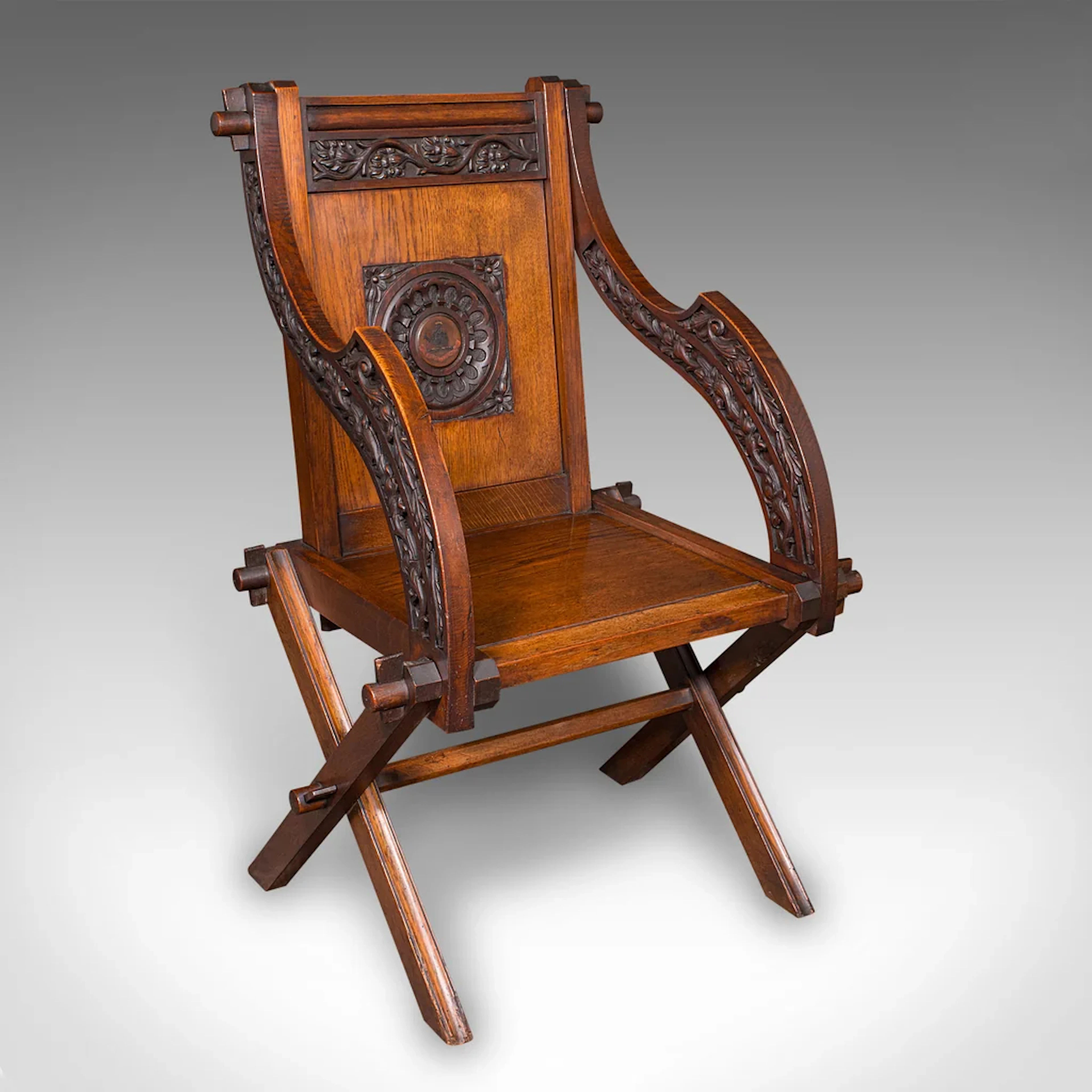 Antique Glastonbury Chair, English, Oak, Elbow Seat, Gothic Revival, Victorian