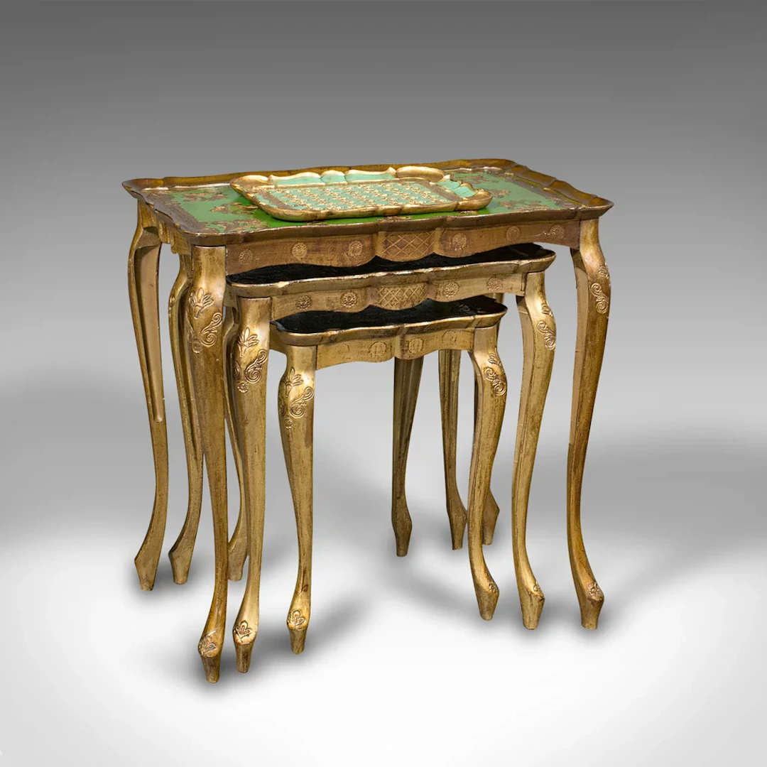 Trio of Vintage Nesting Tables, Italian, Gilt Composite, Side Table, Circa 1970