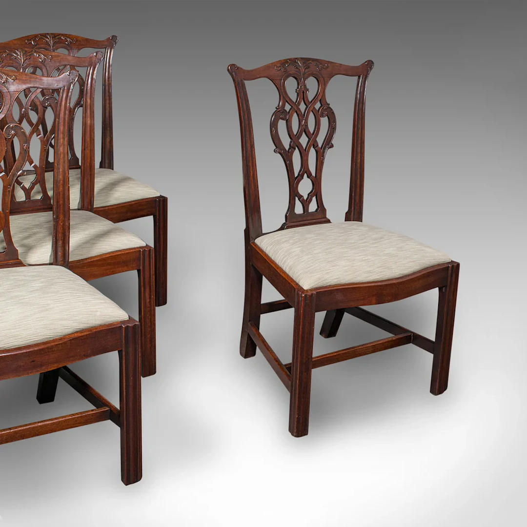 4 Antique Dining Room Chairs, English, Seat, After Chippendale, Georgian