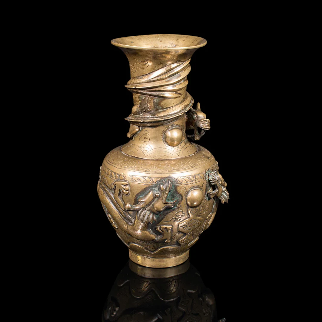 Antique Decorative Vase, Chinese, Brass, Flower Urn, Dragon Motif, Victorian