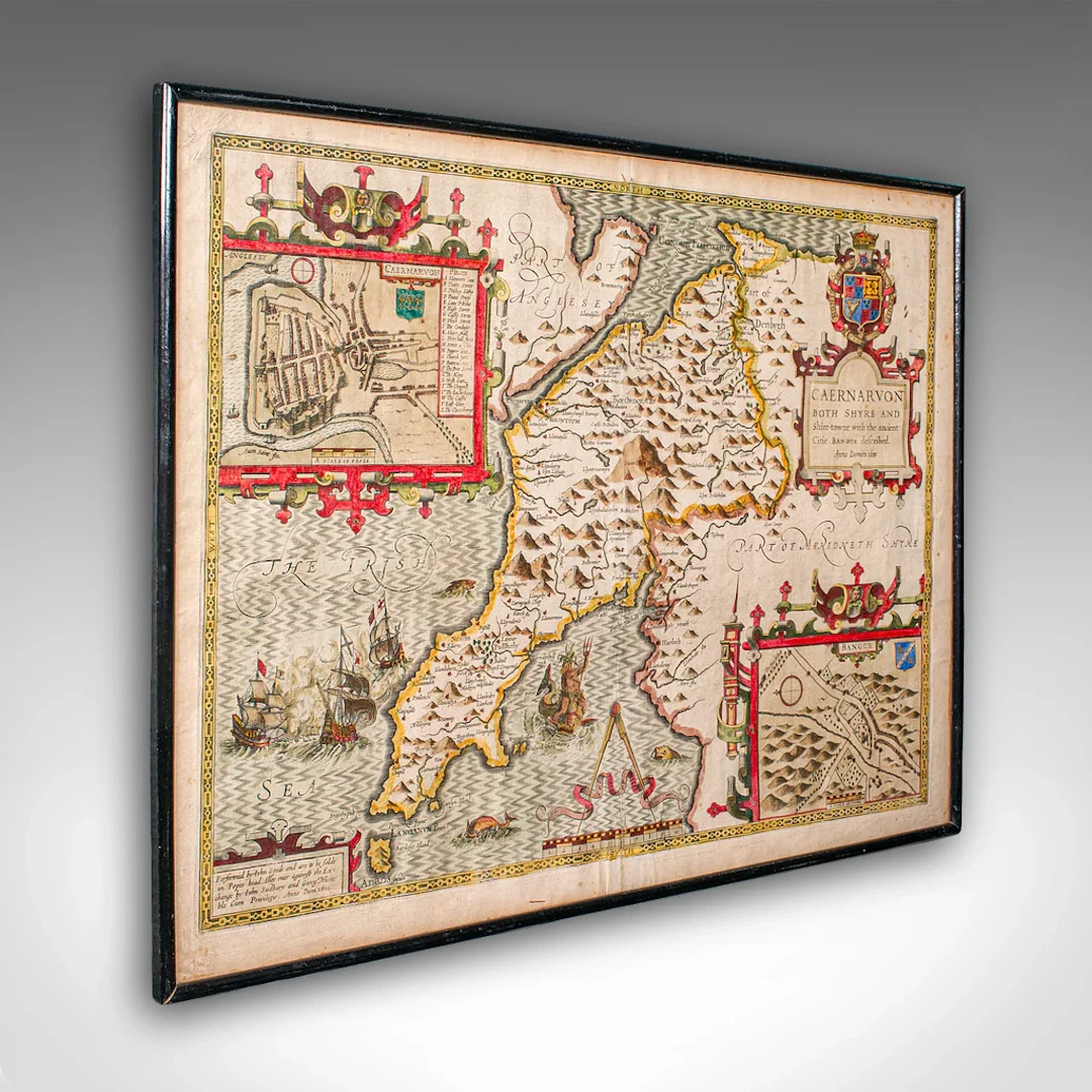 Antique Caernarvon Map, Framed Cartography, Welsh County, John Speed