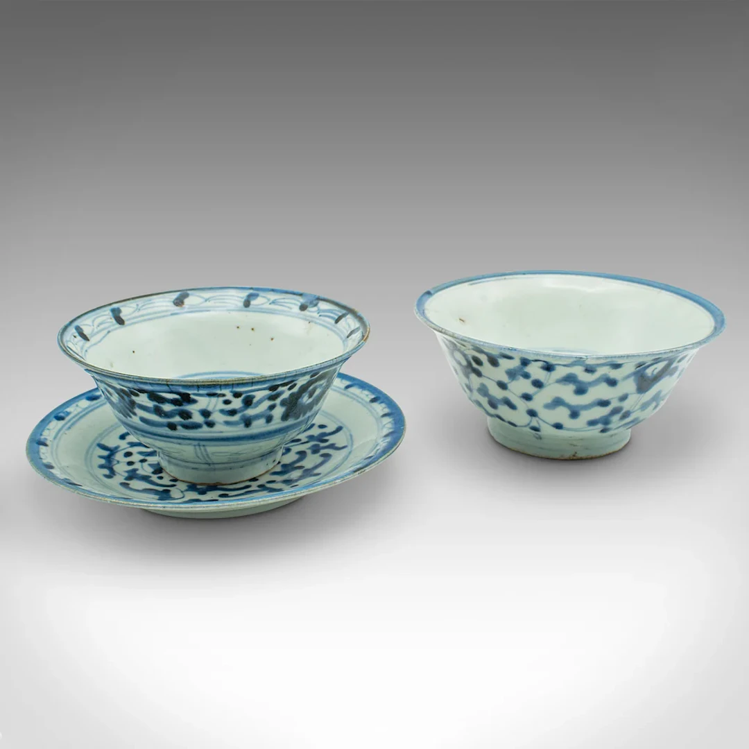 Antique Personal Tea Set, Chinese, Qing Dynasty, Ceramic, Bowl, Saucer