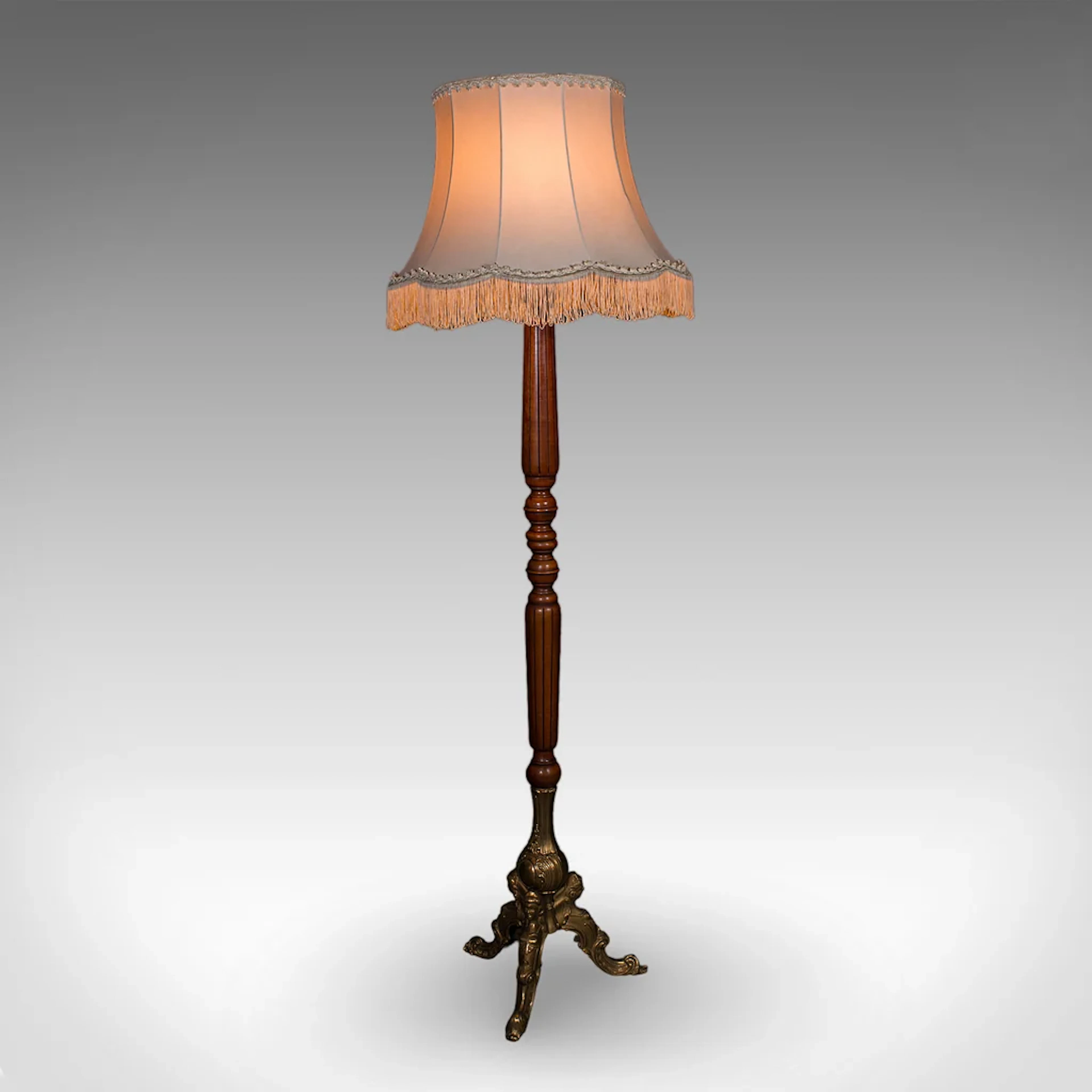 6' Tall Vintage Standard Lamp, English, Walnut, Italianate, Room Light, Shade